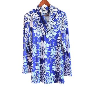 Lily by Firmiana Tunic Top Womens XL Blue White Damask Cowl Neck Long Sleeve